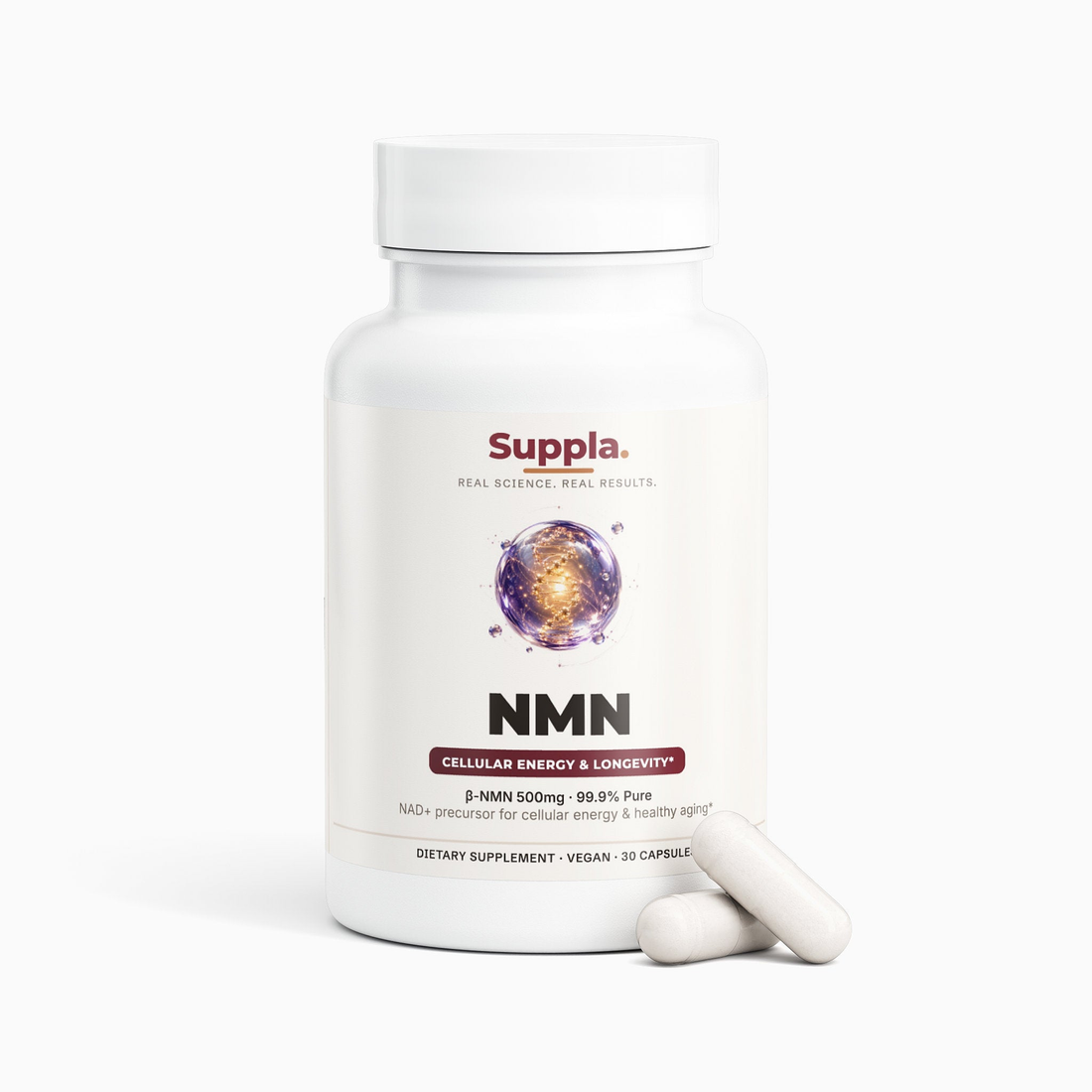 Suppla NMN bottle with capsules, 500mg beta-NMN 99.9% pure, NAD+ precursor, 30 vegan capsules