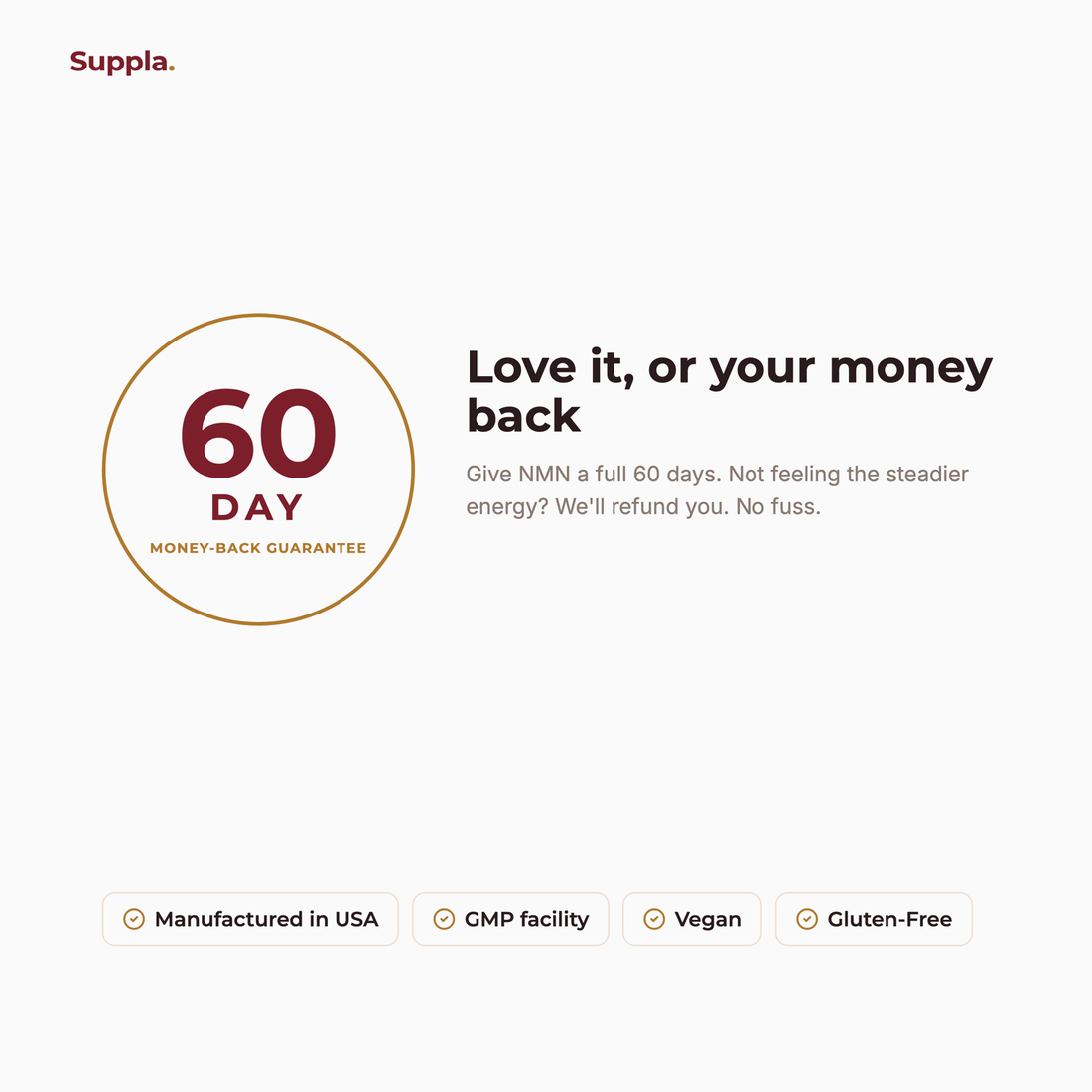 Suppla NMN 60-day money-back guarantee and quality badges