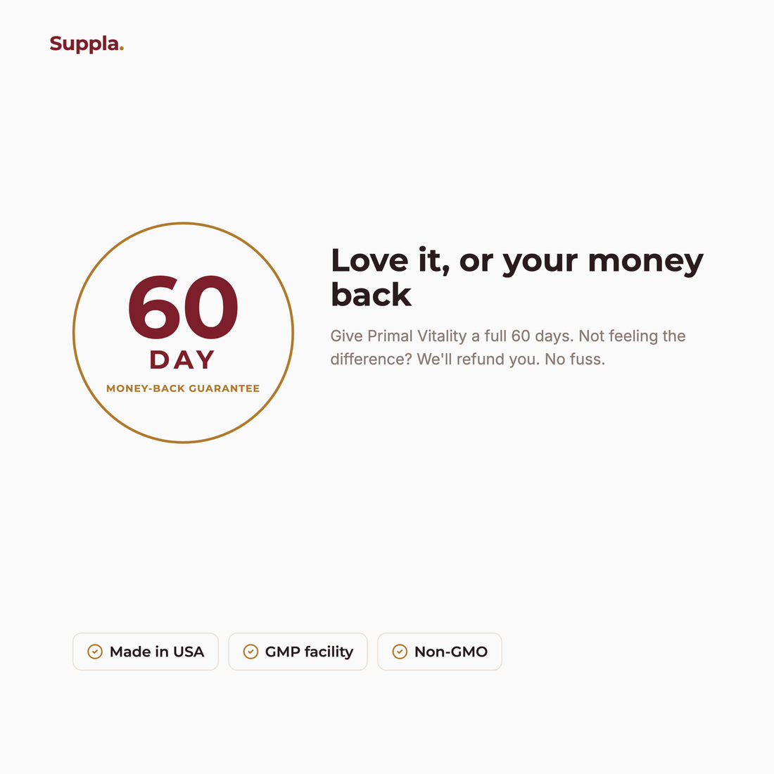 Suppla Primal Vitality 60-day money-back guarantee and quality badges
