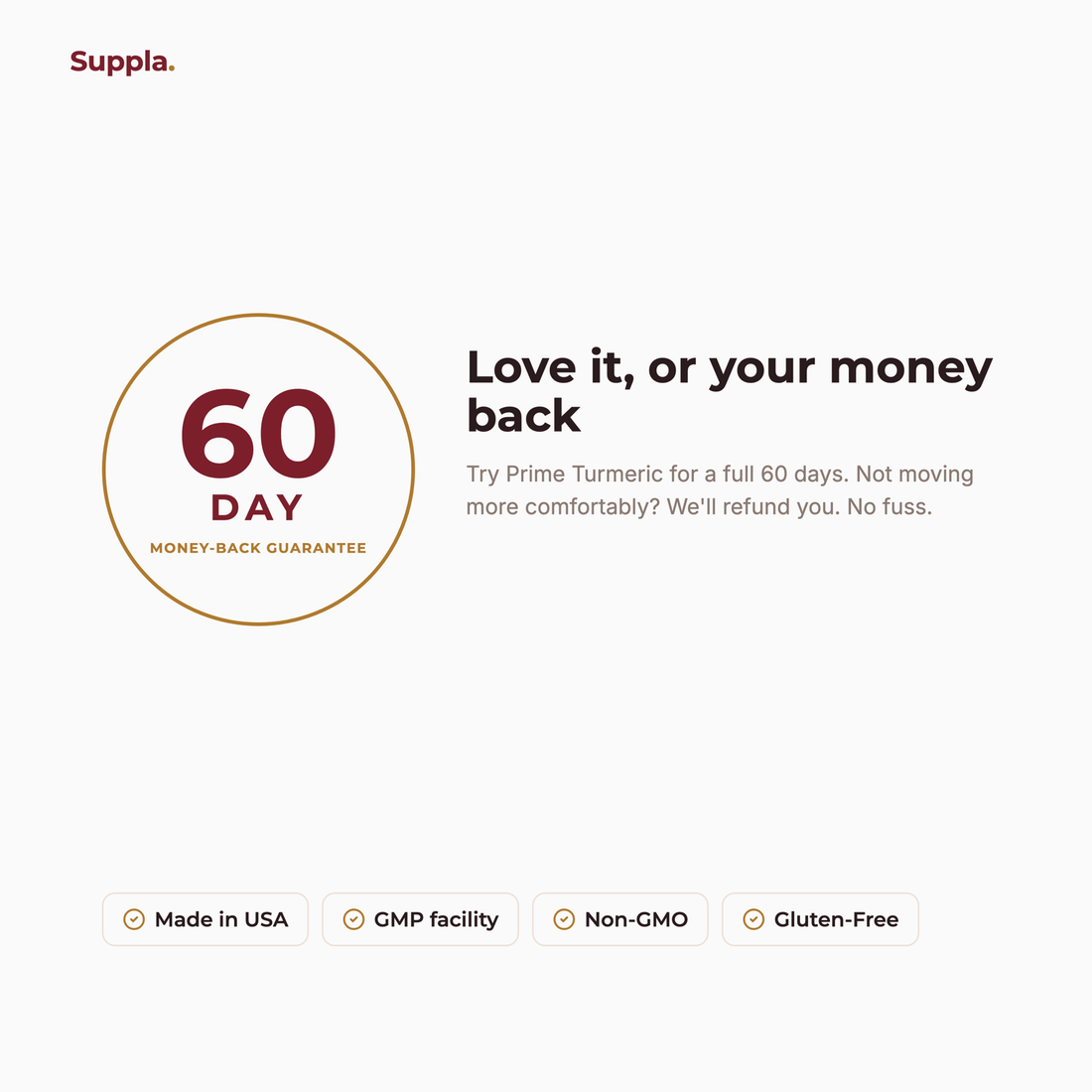 Suppla Prime Turmeric 60-day money-back guarantee and quality badges
