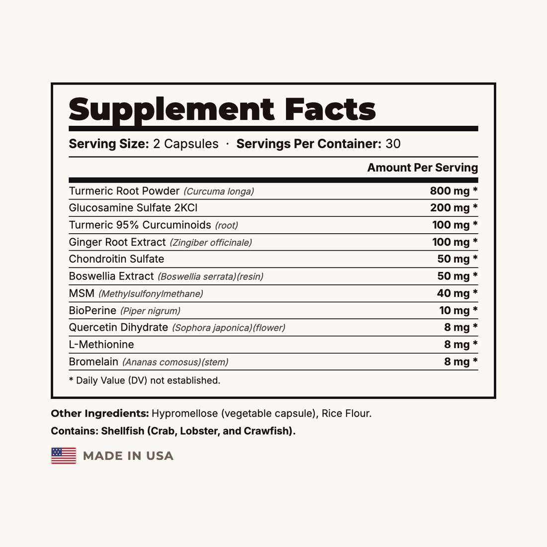 Suppla Prime Turmeric Supplement Facts panel