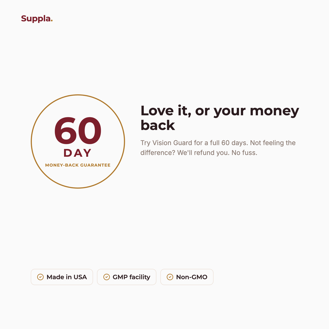 Suppla Vision Guard 60-day money-back guarantee and quality badges