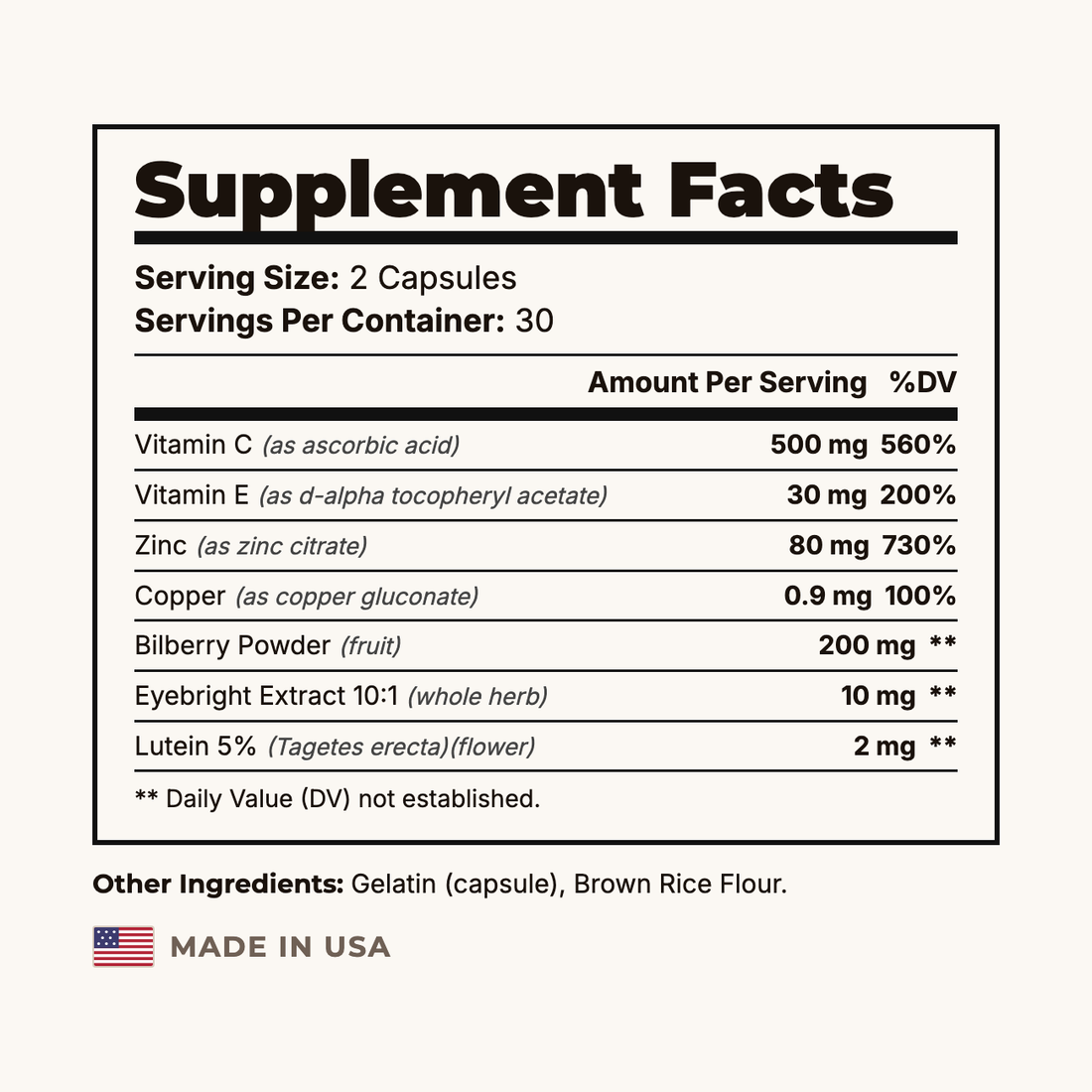 Suppla Vision Guard Supplement Facts: Bilberry, Lutein, Zinc, vitamins C and E