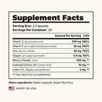 Suppla Vision Guard Supplement Facts: Bilberry, Lutein, Zinc, vitamins C and E